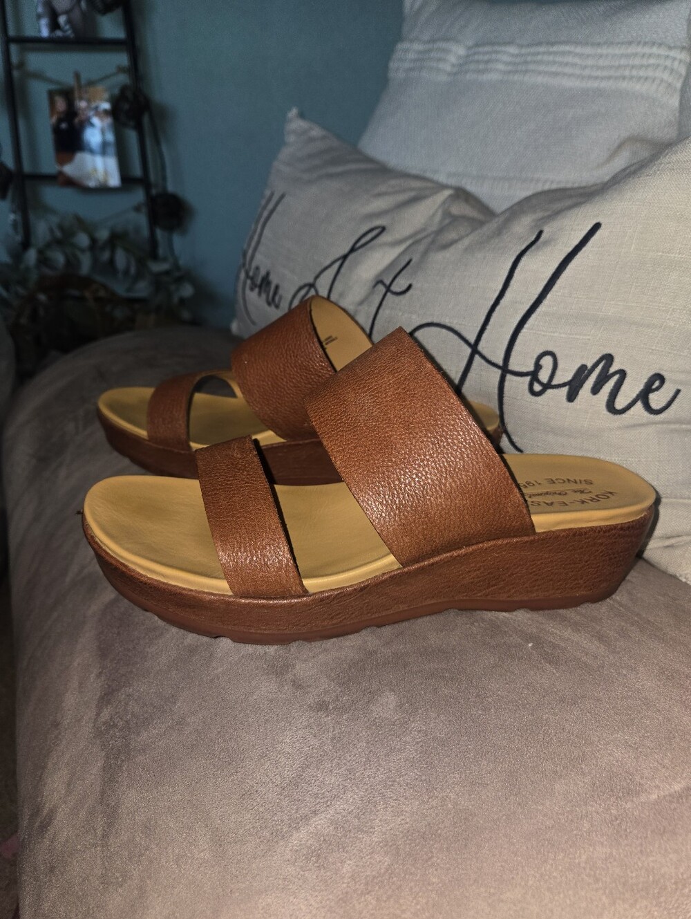 Kork-Ease Women's Brown Leather Slide Wedge Sandals